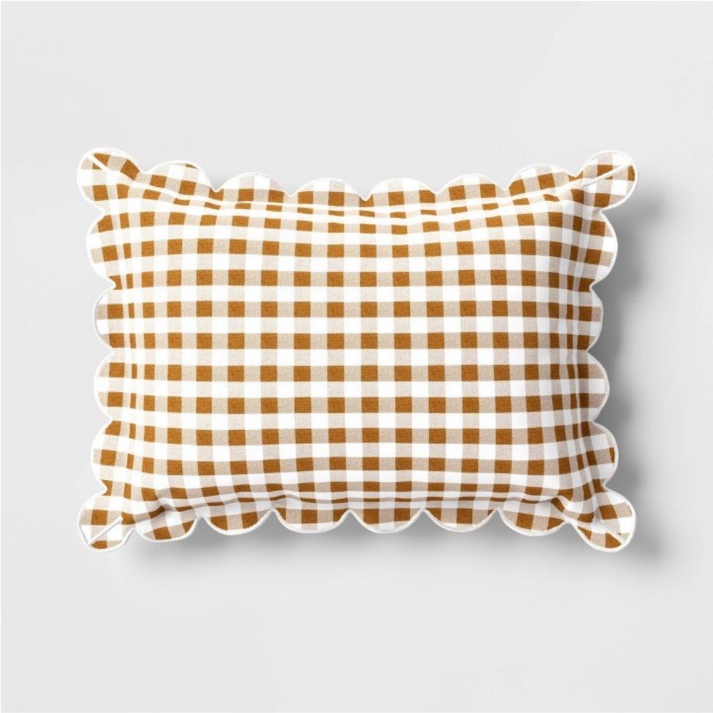 Studio McGee 14x20 Gingham Scalloped Edge Outdoor Lumbar Pillow Brown
